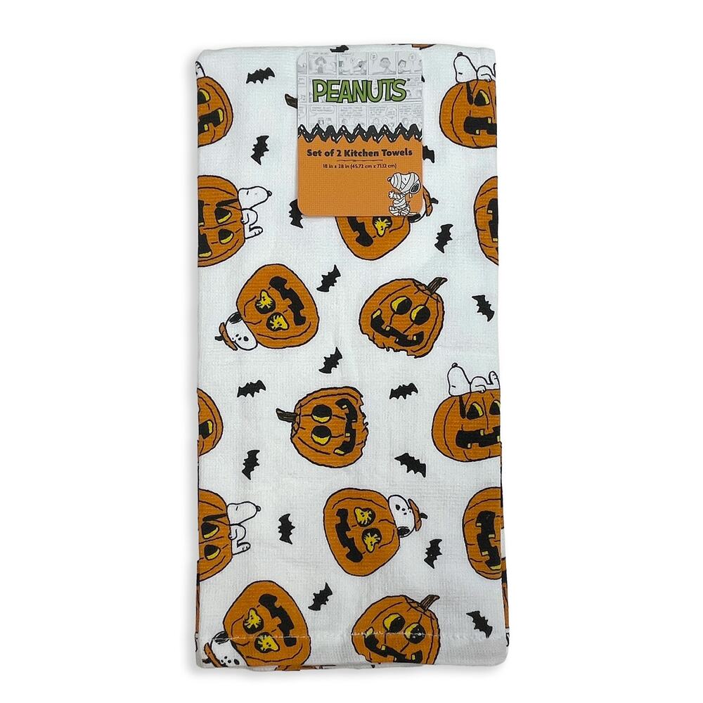 Peanuts Snoopy Halloween Jack-O-Lantern Bat Kitchen Towel Set 2 New Cotton 18x28